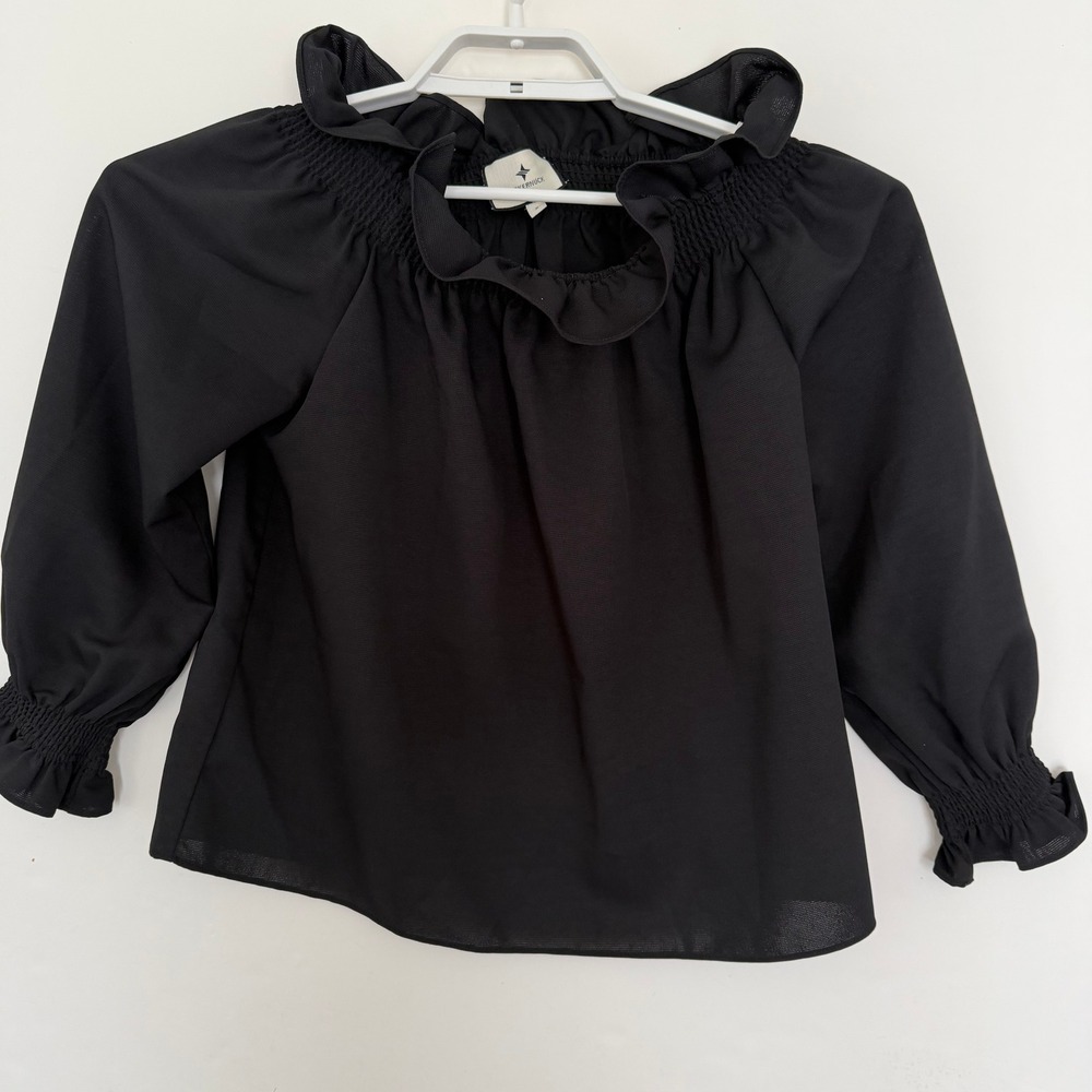 Tuckernuck Black Ruffle Smocked Neck Long Sleeve Blouse Small Crepe Top